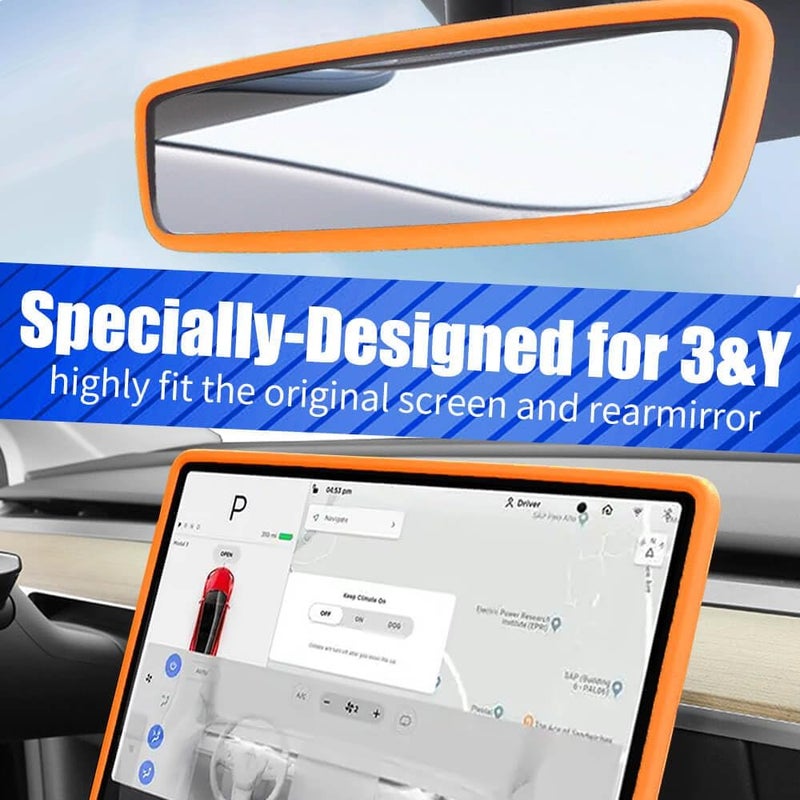 Yeapop 2Pcs Silicone Protector Frames of Screen and Rear View Mirror for Tesla Model 3 2017-2023 and Model Y 2019-Feb.2025. (Orange) - Image 2